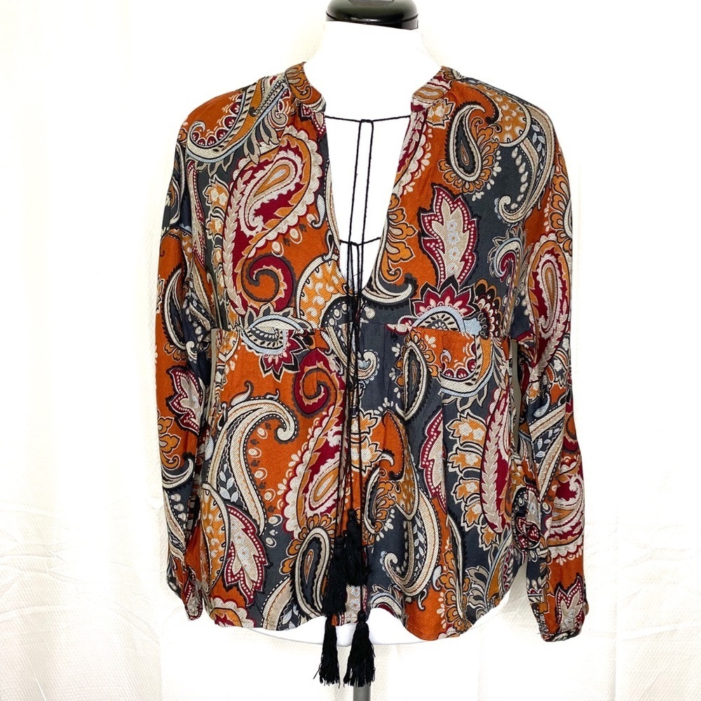 GLAM Bohemian Peasant Tunic Top M Paisley Print‎ Shirt Medium Black Rust
